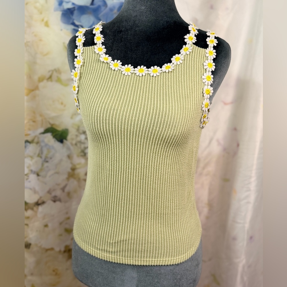 Daisy Trim Ribbed Tank Top - light lime green IndI Hippie boho
